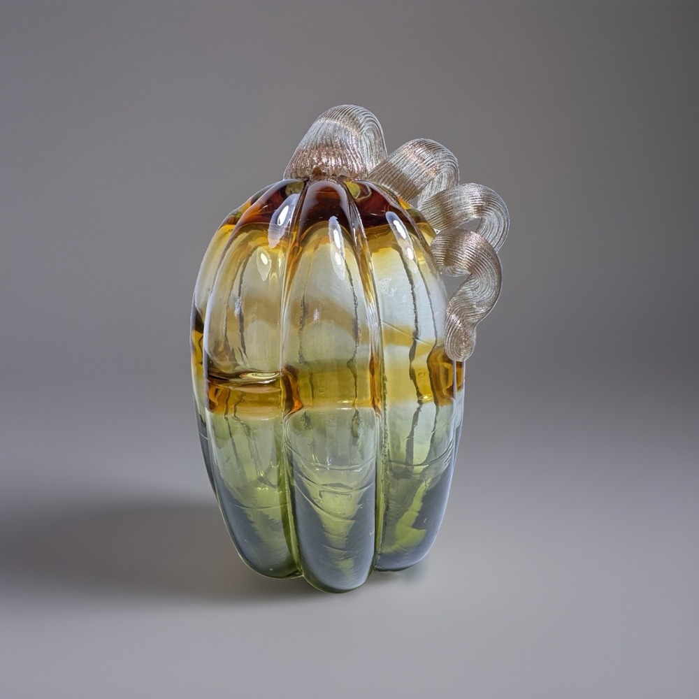 Hand Blown Art Glass Pumpkin 9" Amber Green Gold Curly Ribbon Stem Fall Decor